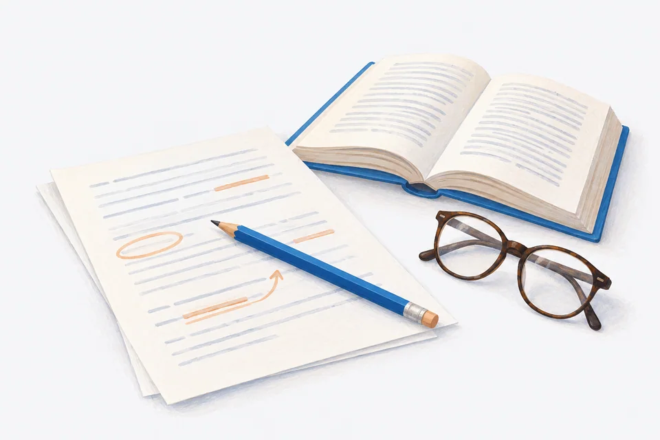 A blue pencil rests across a marked-up draft beside an open reference book and reading glasses.