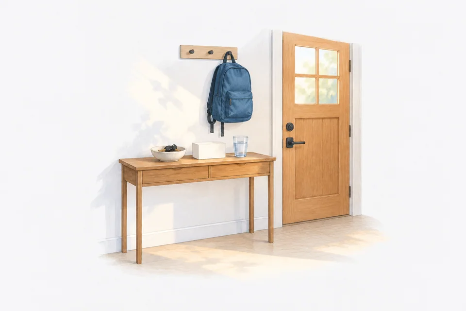 A hallway console holds keys in a ceramic bowl, a blank medicine box and water beneath a hanging backpack beside a front door.