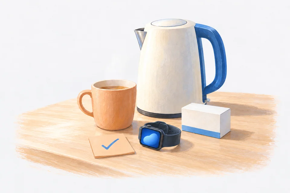 A kettle, mug and plain medicine box sit on a morning kitchen bench beside a smartwatch and a sticky note bearing a single tick.