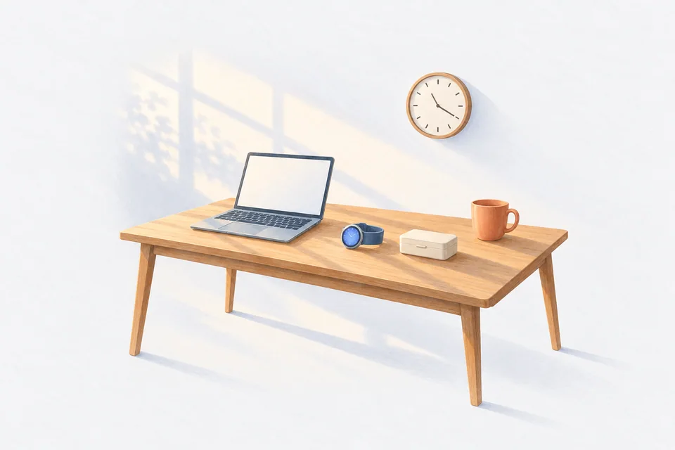 An open laptop, glowing smartwatch, pill box and mug sit on a desk beneath a numberless clock in low afternoon light.