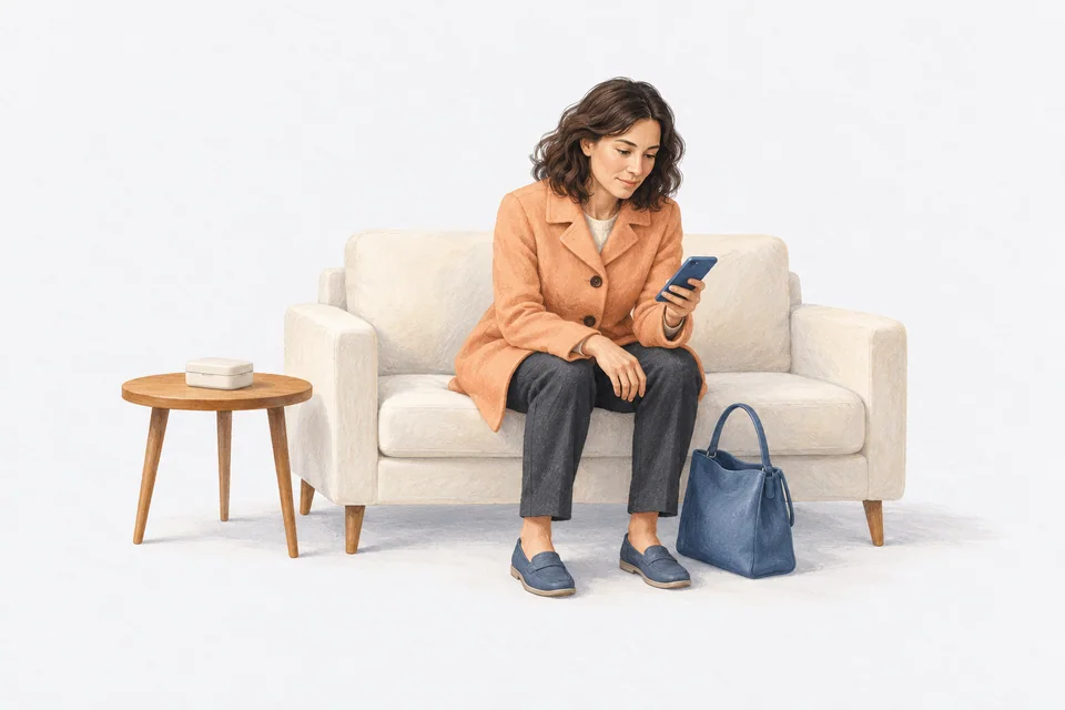 An adult wearing a coat sits at the edge of a sofa looking at a phone, with a bag at their feet and a pill box nearby.
