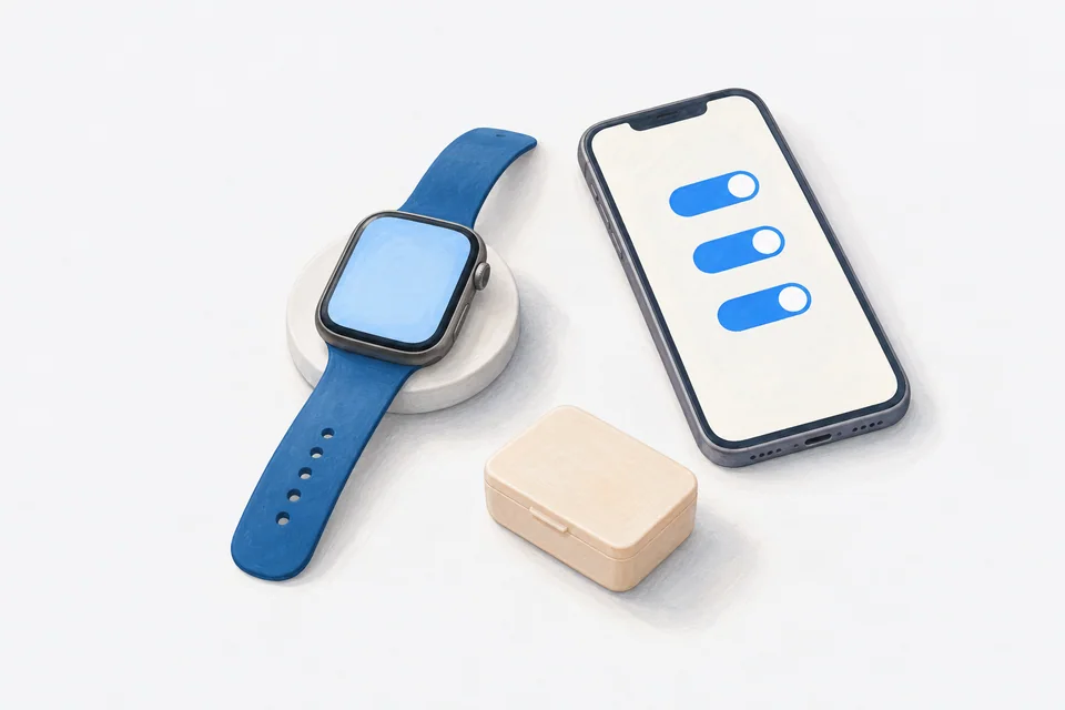 A smartwatch rests on a round charging puck beside a phone with blue toggle shapes and a small plain pill box.