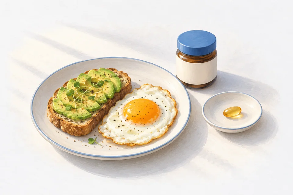 Avocado toast and an egg sit on a breakfast plate beside a plain supplement jar and one golden soft-gel capsule on a saucer.