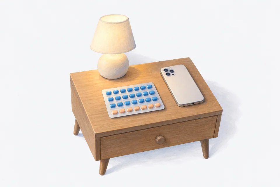 A blister pack with three blue rows and one apricot row lies beside a face-down phone and a small lamp on a bedside table.