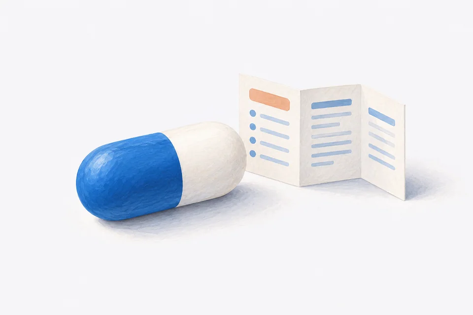 A blue-and-white capsule rests beside a neatly folded feature leaflet.