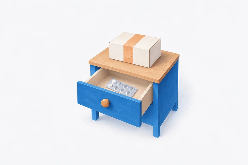 An open blue medicine drawer holds a nearly empty blister strip, with a closed refill parcel ready above it.