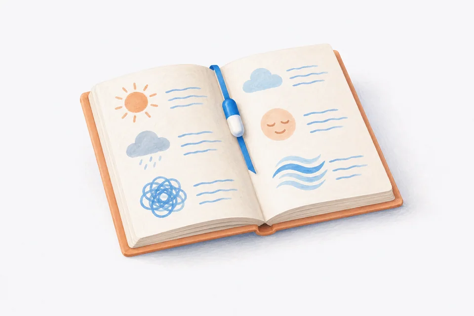 An open diary shows simple mood and weather sketches with a capsule-shaped bookmark.