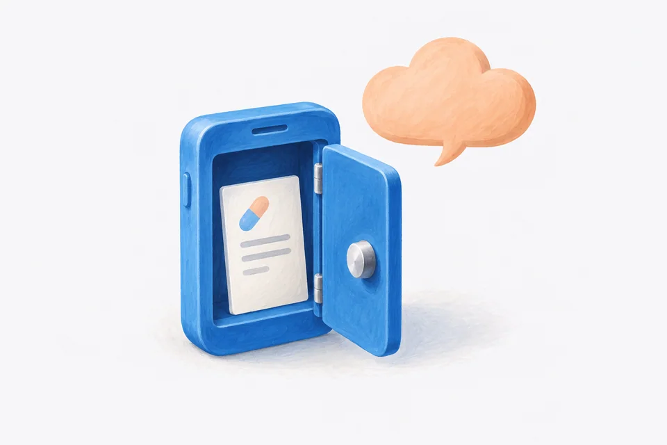 A medication card is tucked inside a blue phone-shaped safe beneath a separate blank speech cloud.