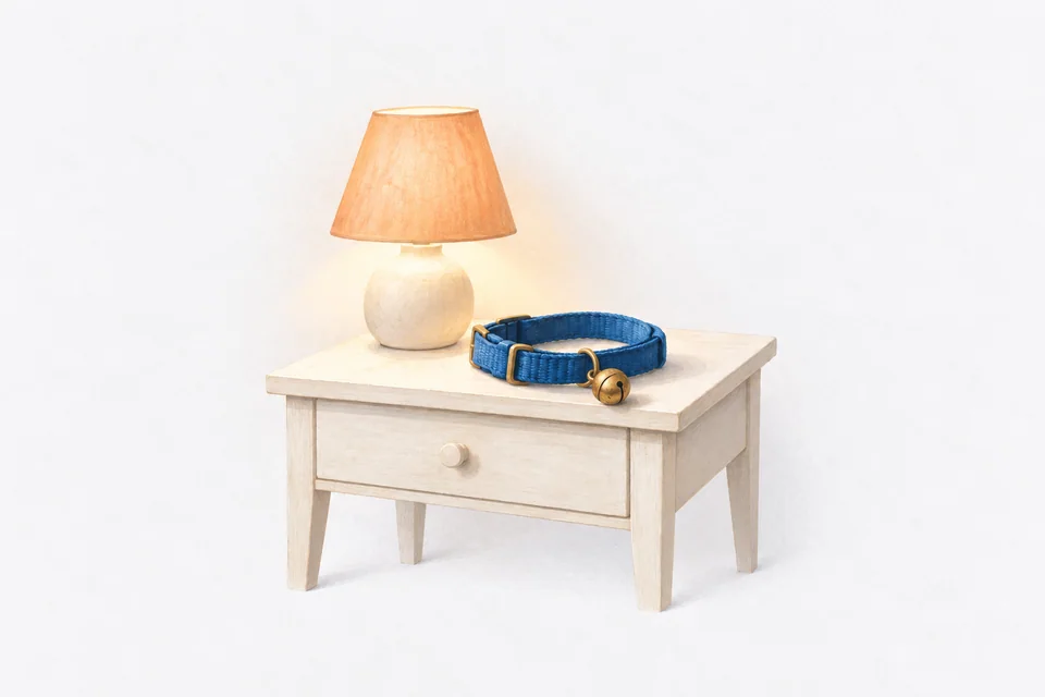 A blue dog collar with a round brass bell lies on a bedside table beside a small lamp.