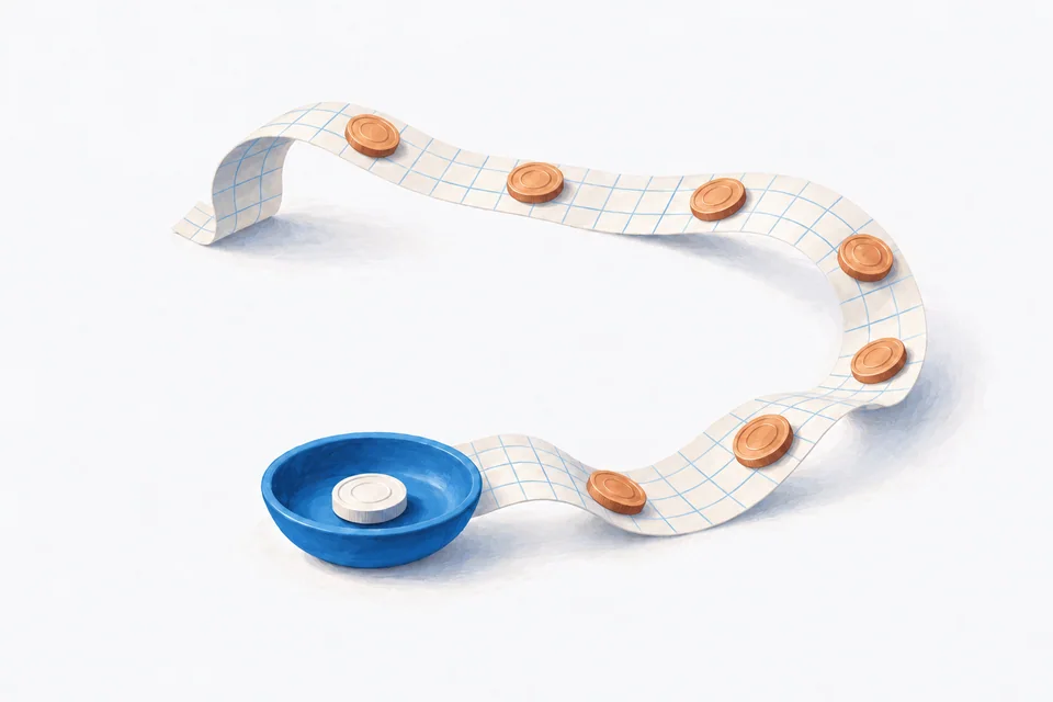 Apricot coins repeat along a calendar ribbon around a blue dish holding one pale coin.
