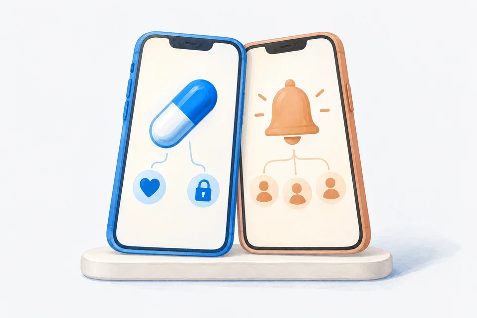 Two phones compare medication apps: a blue capsule links to a heart and lock, while an apricot reminder bell links to three profiles.