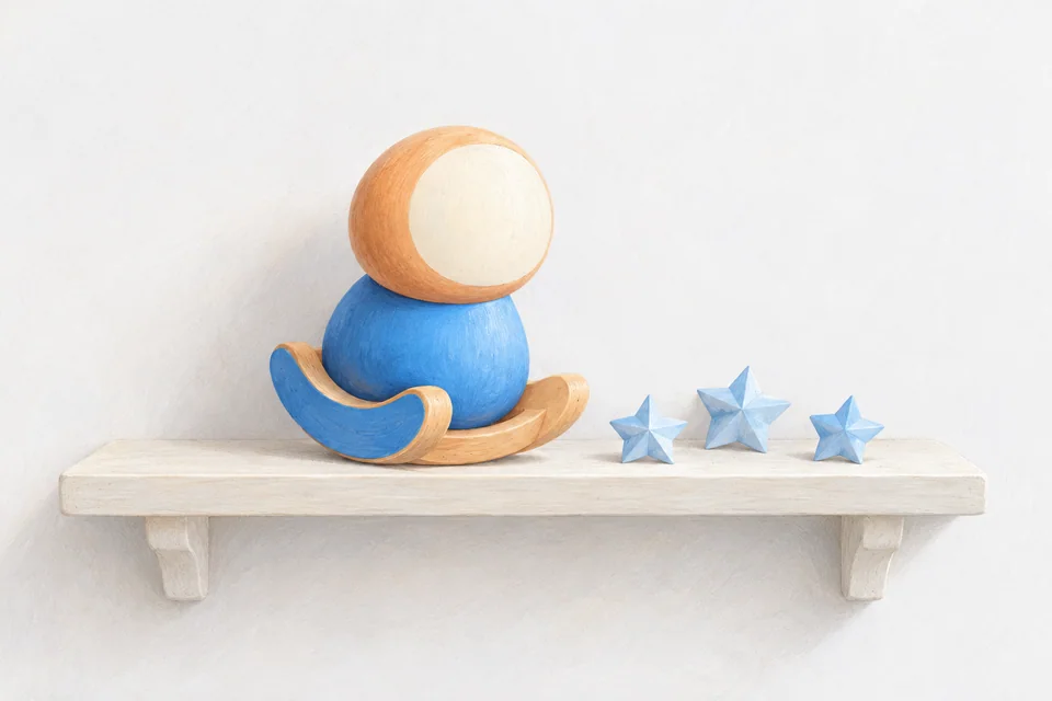 A round apricot and blue wooden toy sits on a shelf with three small paper stars beside it.