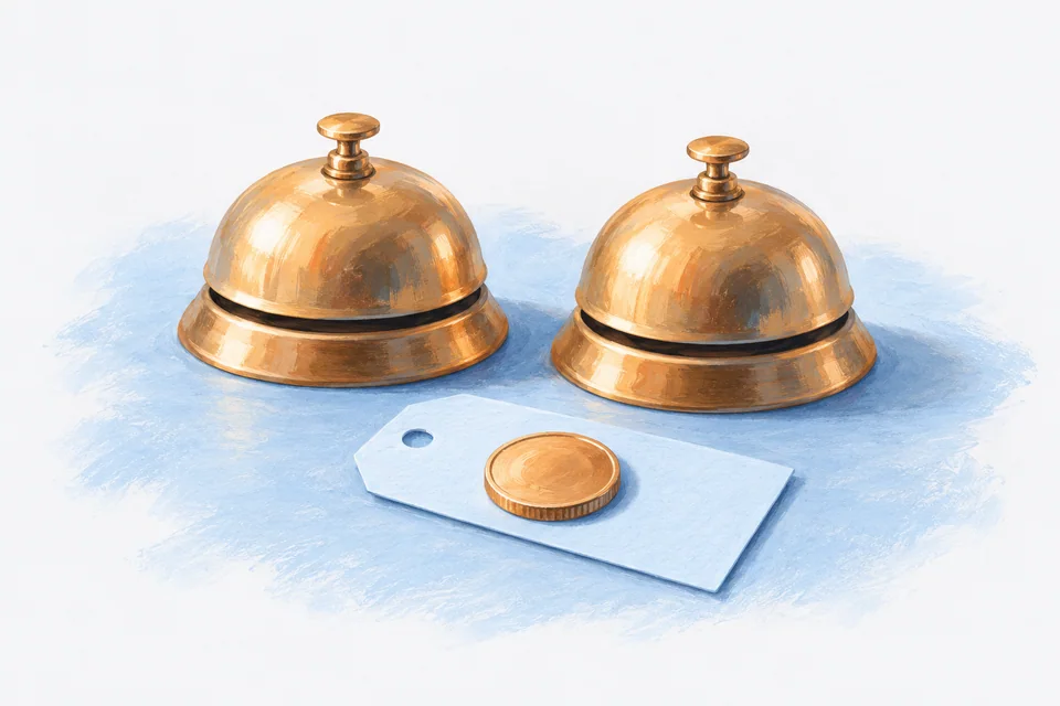 Two small brass alarm bells beside one apricot coin resting on a pale blue paper tag.
