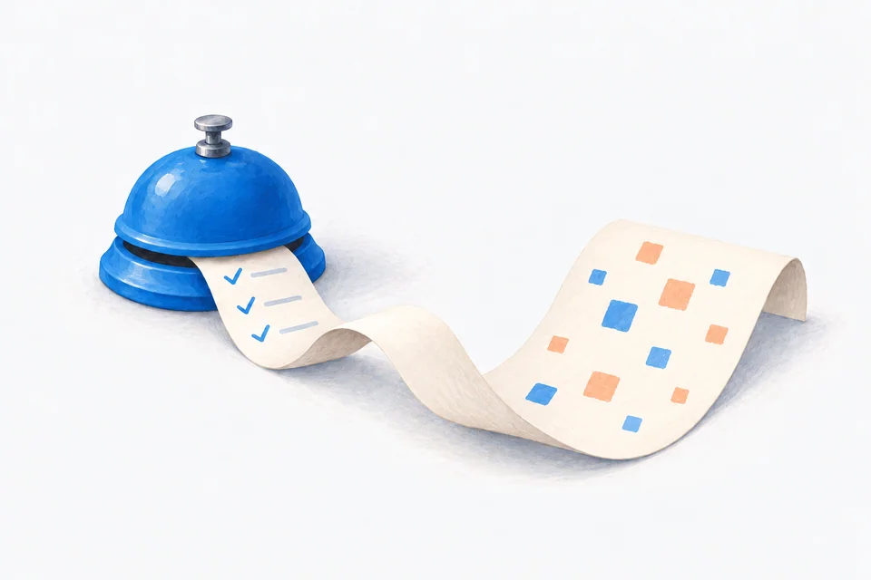 A blue reminder bell sits beside a paper strip that unfolds from dose marks into a broader pattern.