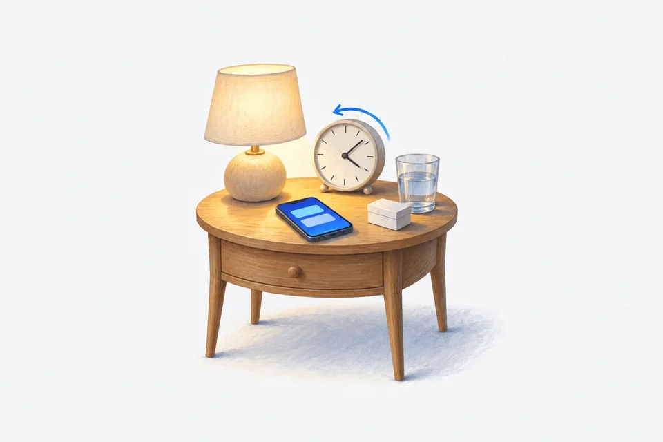 A bedside clock with an anticlockwise blue arrow sits beside a glowing phone, water glass and plain pill box in soft lamplight.