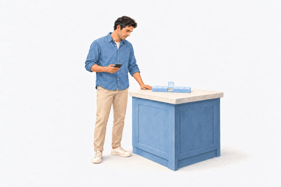 An adult at a kitchen bench looks thoughtfully at an open seven-compartment pill organiser while holding a phone.