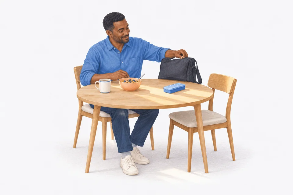 An adult finishes breakfast beside a closed blue pill organiser in a broad band of morning light.