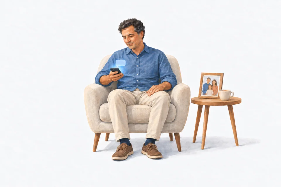 An adult reads a phone with a soft blue message-bubble glow in an armchair beside a framed family photo and a cup of tea.