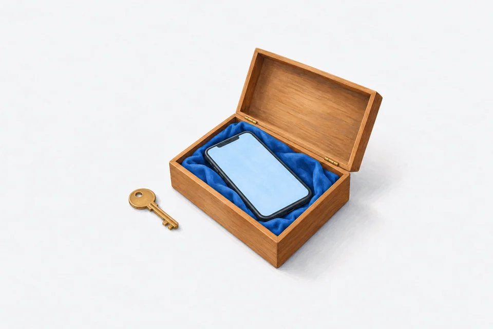 A phone rests in an open shallow wooden box lined with blue fabric, with a small brass key beside it.