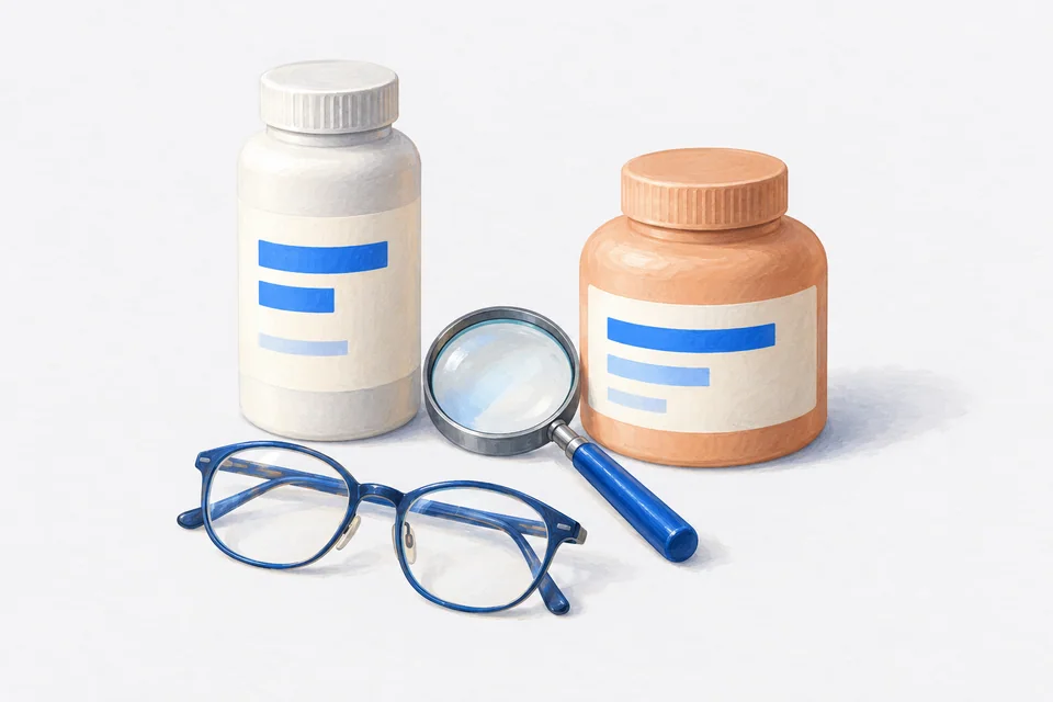 Two supplement bottles with abstract line labels stand beside a magnifying glass and reading glasses.