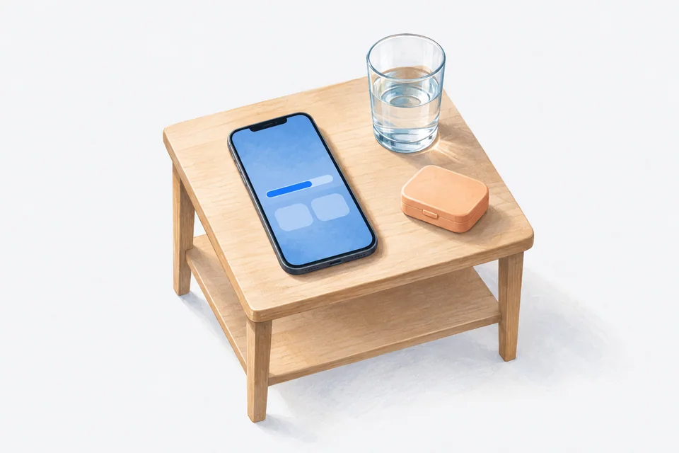 A phone with a blue progress bar and two rounded widget shapes lies beside water and a pill box on a bedside table.