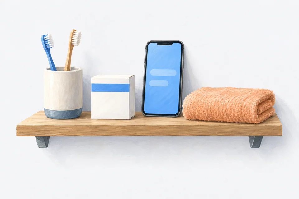 A bathroom shelf holds a toothbrush cup, an unlabelled medicine box, a folded towel and an upright phone with a soft blue screen.