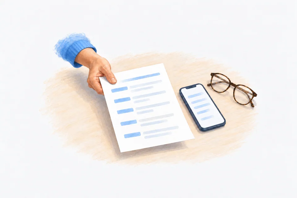 An adult hand offers a page of abstract medication rows across a light table beside an iPhone and reading glasses.