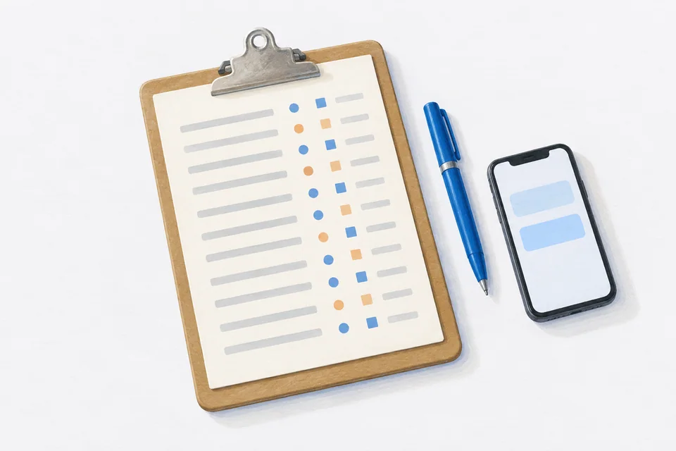 A clipboard holds a page of abstract rows with blue and apricot marks beside a pen and a phone on a desk.