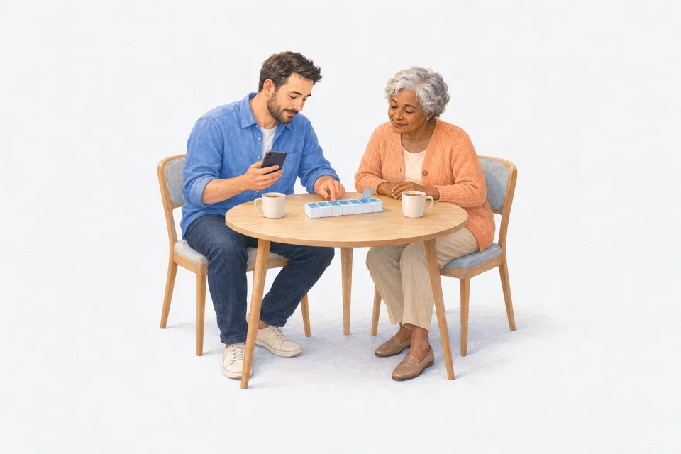An adult carer and an older adult sit at a round table with a weekly pill organiser and two cups of tea while the carer holds a phone.