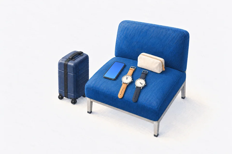 An airport lounge seat holds a phone, medicine pouch and two watches showing different times beside a carry-on bag.