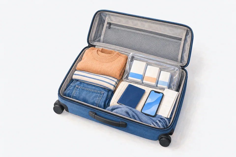 An open carry-on suitcase holds folded clothes and a clear pouch of plain medicine boxes beside a blank booklet, phone and folded paper.