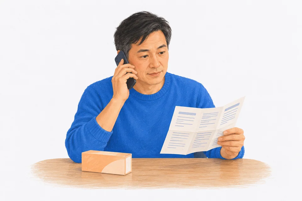 An adult reads a folded medication leaflet while speaking on the phone.