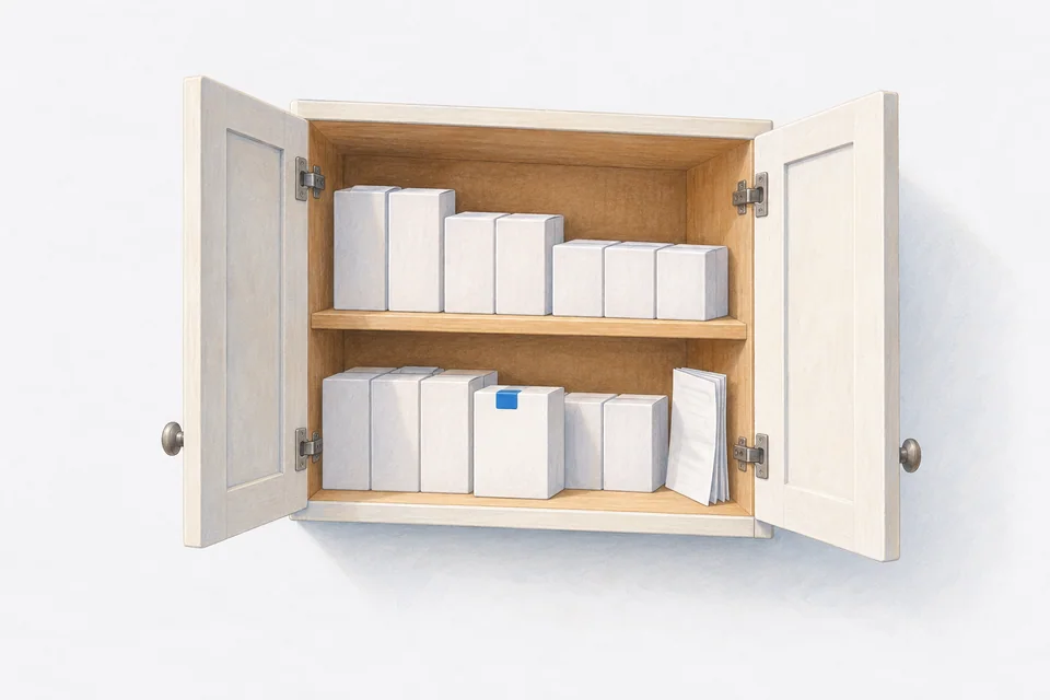 An open kitchen cupboard contains neat rows of medicine boxes, a blue-tabbed front box and folded blank paper.