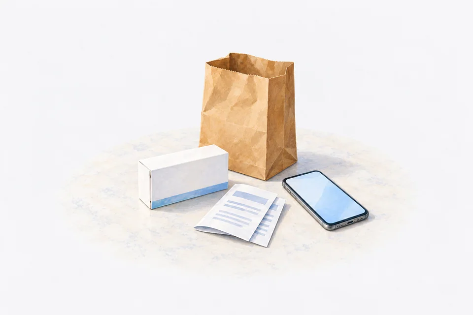 An open pharmacy paper bag sits on a kitchen table with a plain medicine box, a folded leaflet and a phone.