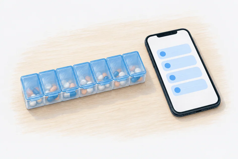 A seven-compartment pill organiser with blank lids lies beside a phone showing abstract blue rows on a light table.