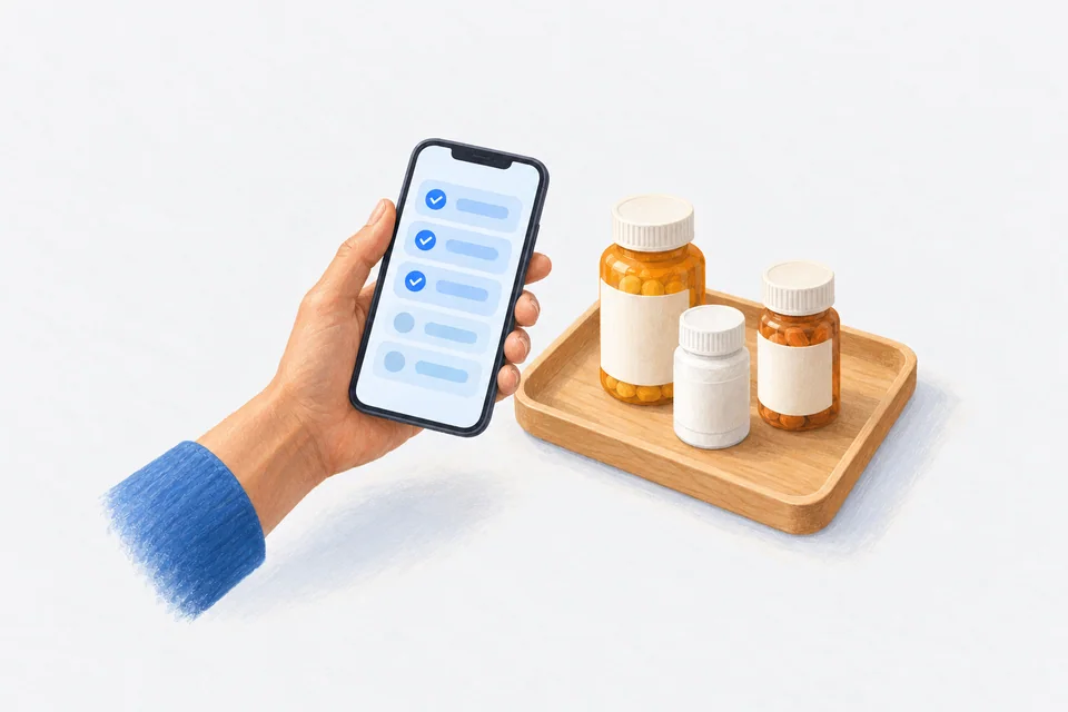 An adult hand holds a phone with abstract blue rows and three ticks above a wooden tray containing three blank-labelled medicine bottles.