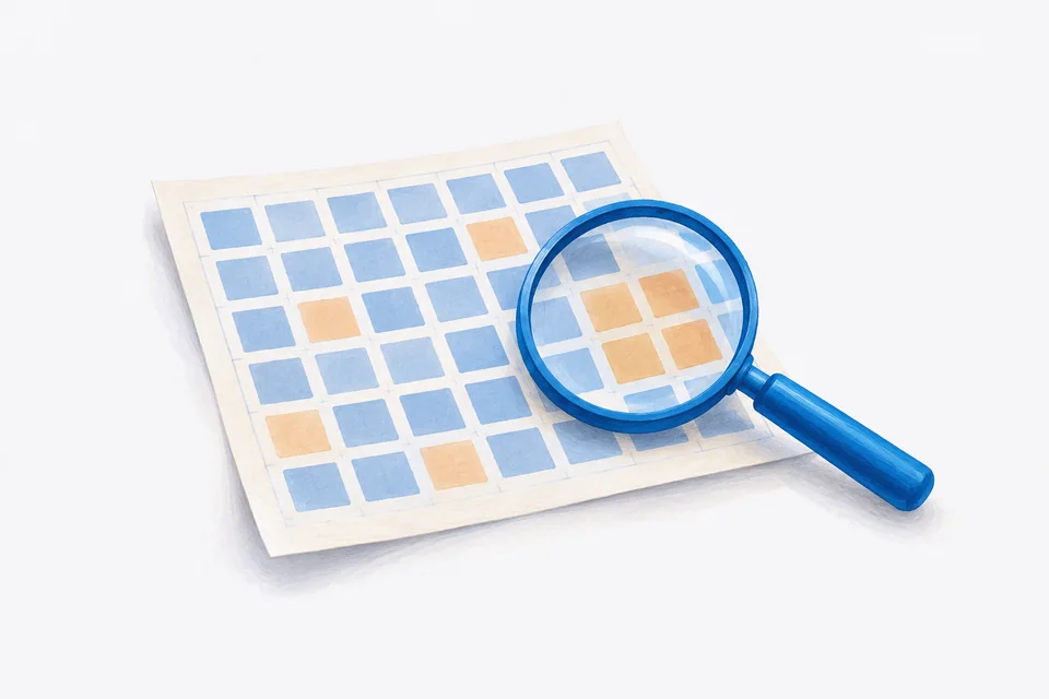 A blue magnifying glass highlights a cluster of apricot gaps in a calendar of blue marks.