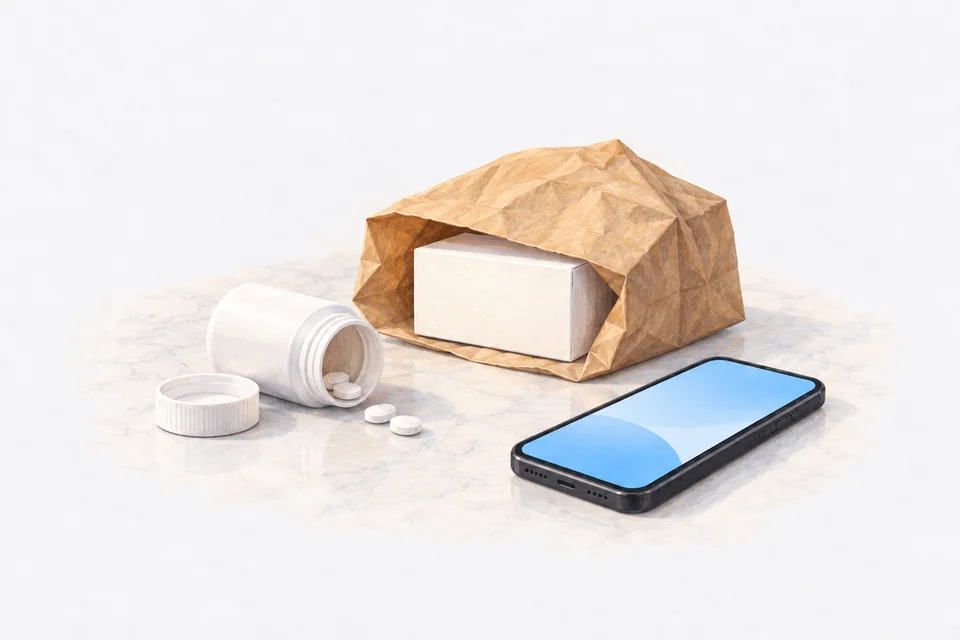 A tipped medicine bottle with a few tablets rests beside a folded pharmacy bag, a fresh box and a glowing phone on a kitchen bench.