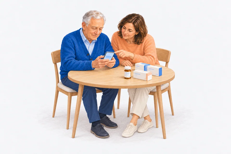 An older man holds a phone while his adult daughter points to it, with medicine boxes on the table beside them.