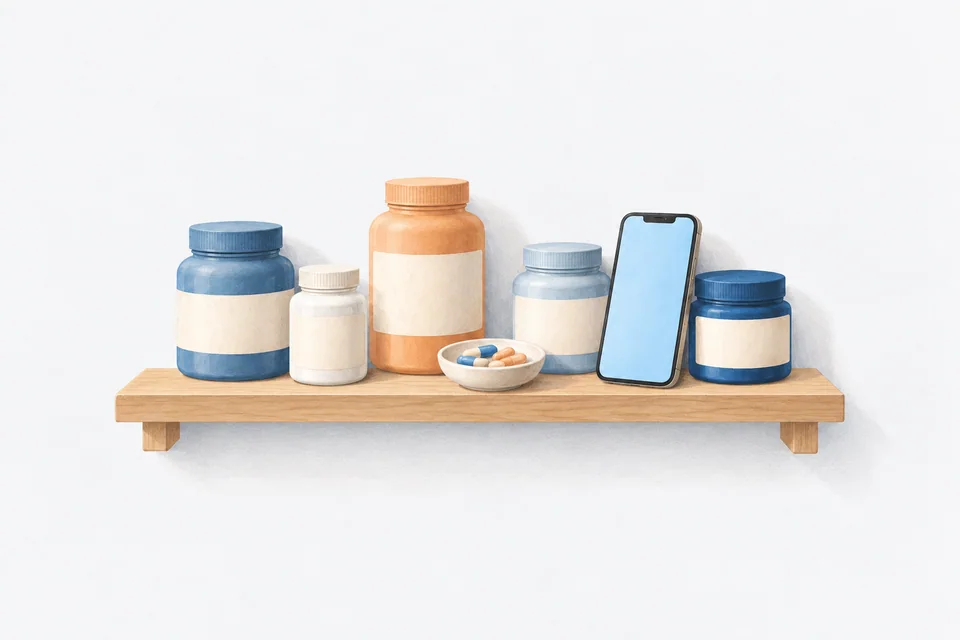 Five differently sized jars with blank labels share a wooden shelf with a dish of capsules and a leaning phone.