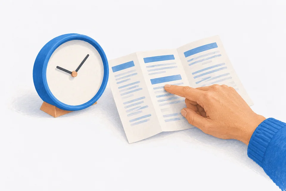 An unnumbered blue clock sits beside an open medication leaflet that a hand is checking.