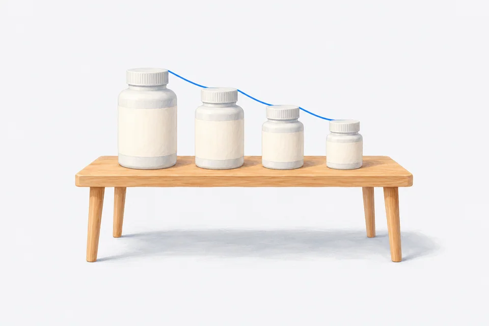 Four blank medicine bottles decrease in size along a table beneath a thin descending blue line.