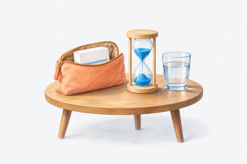 An open medicine pouch sits beside an hourglass with blue sand and a glass of water on a side table.
