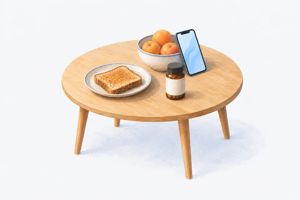 Toast, fruit and a blank-labelled amber vitamin jar sit on a breakfast table with a softly glowing phone leaning against the fruit bowl.