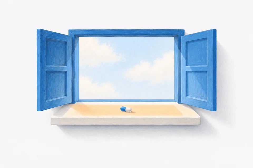 A blue window frame casts a broad apricot band of light around a capsule on its sill.