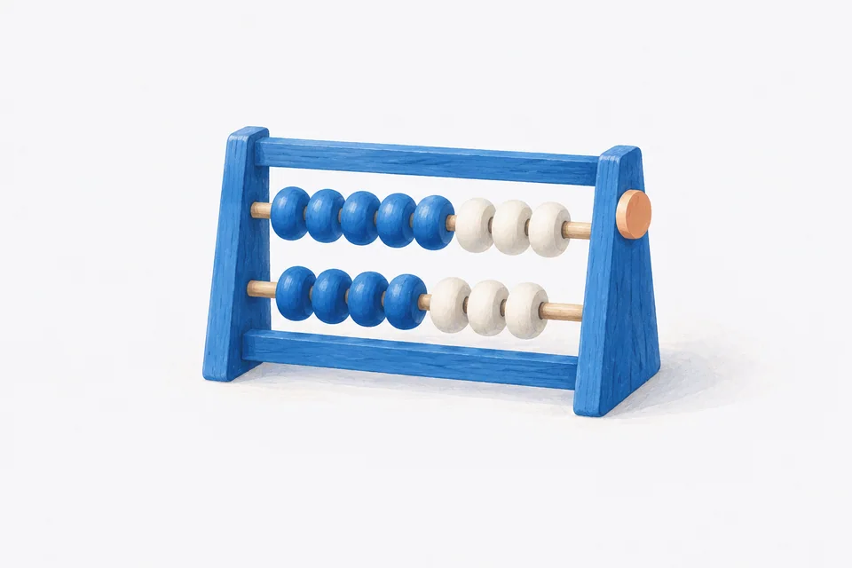A blue counting frame holds rows of blue and pale beads, showing completed and remaining items.