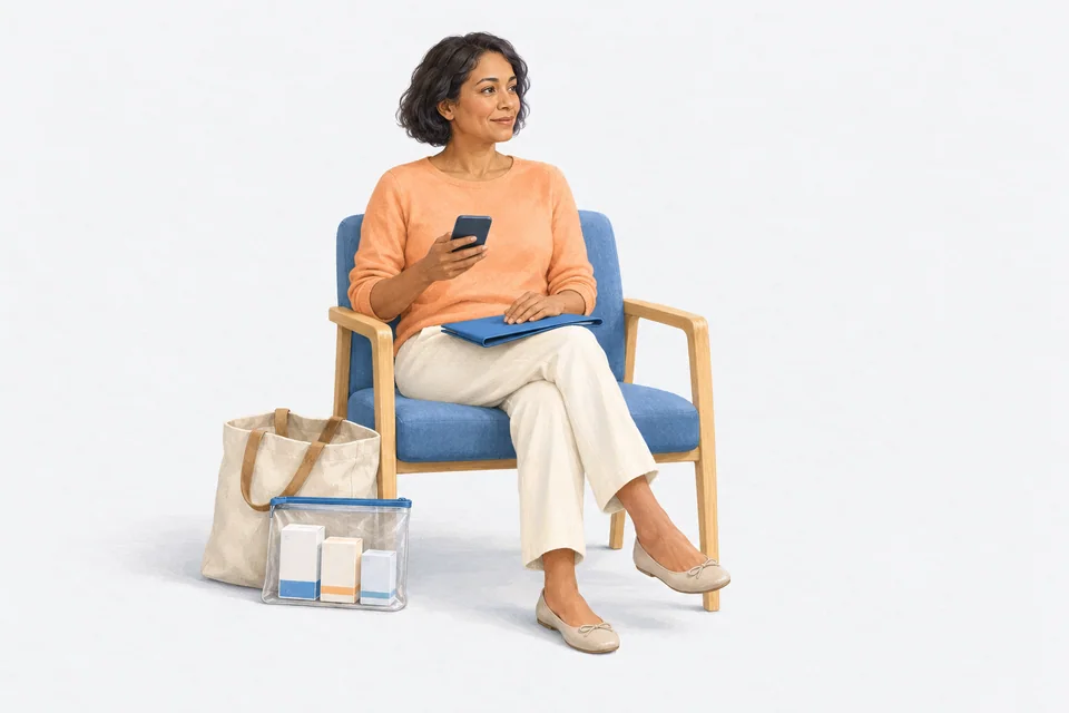 An adult sits in a waiting-room chair with a folder, a phone, a tote bag and a clear pouch containing plain medicine boxes.