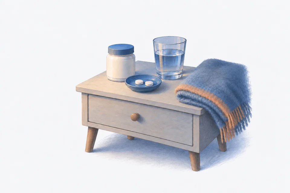 A plain supplement jar, two white tablets on a dish and a glass of water sit beside a folded blanket corner on a bedside table in muted evening light.