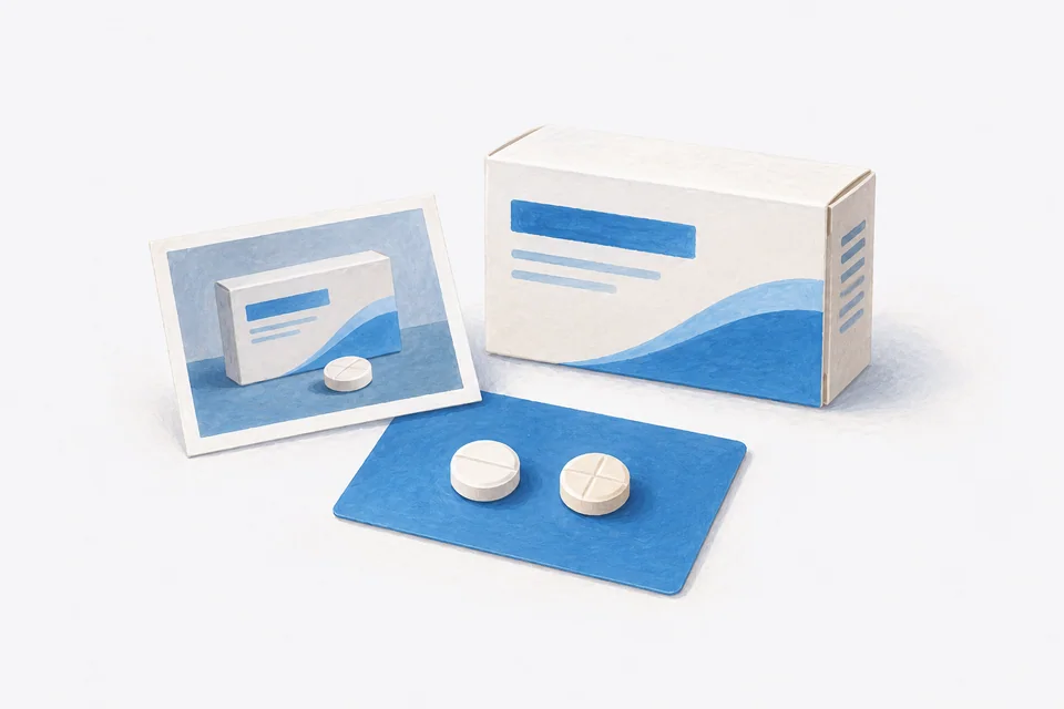Two similar white tablets sit beside a reference photo and a closed labelled medicine carton.